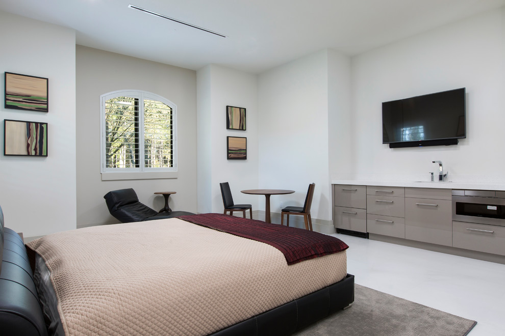 Großes Modernes Gästezimmer ohne Kamin mit weißer Wandfarbe, Porzellan-Bodenfliesen und weißem Boden in Orlando