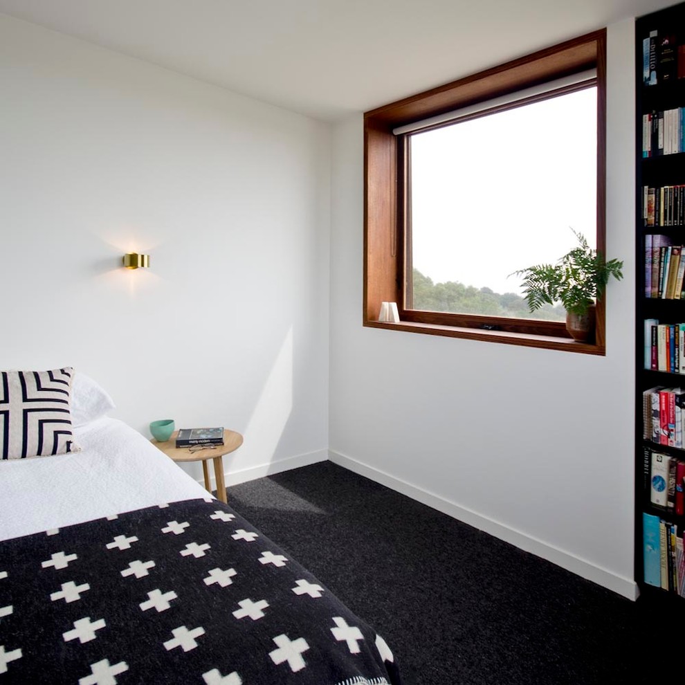 Imagen de dormitorio principal actual de tamaño medio con paredes blancas, moqueta y suelo negro