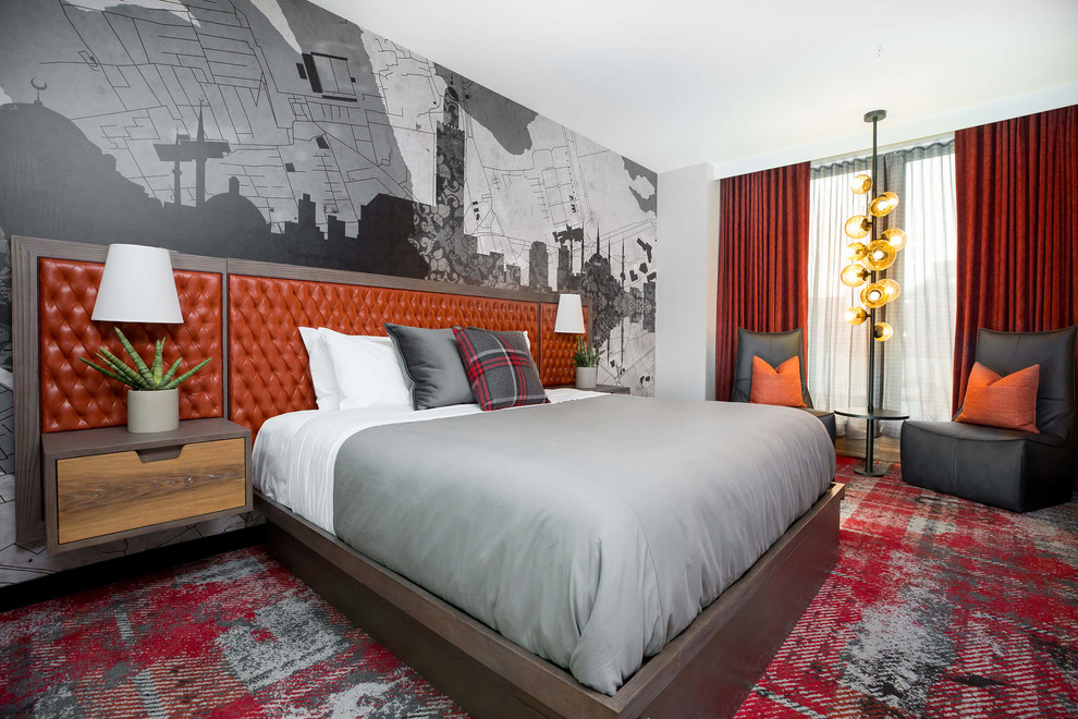 Idée de décoration pour une chambre avec moquette avec un mur blanc et un sol rouge.