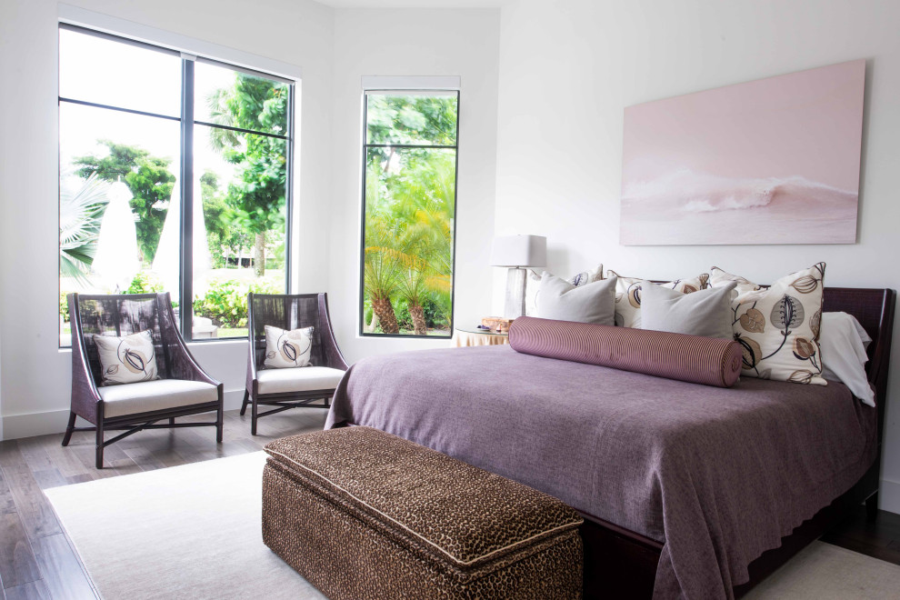 Photo of a medium sized contemporary master bedroom in Miami with white walls, marble flooring and grey floors.