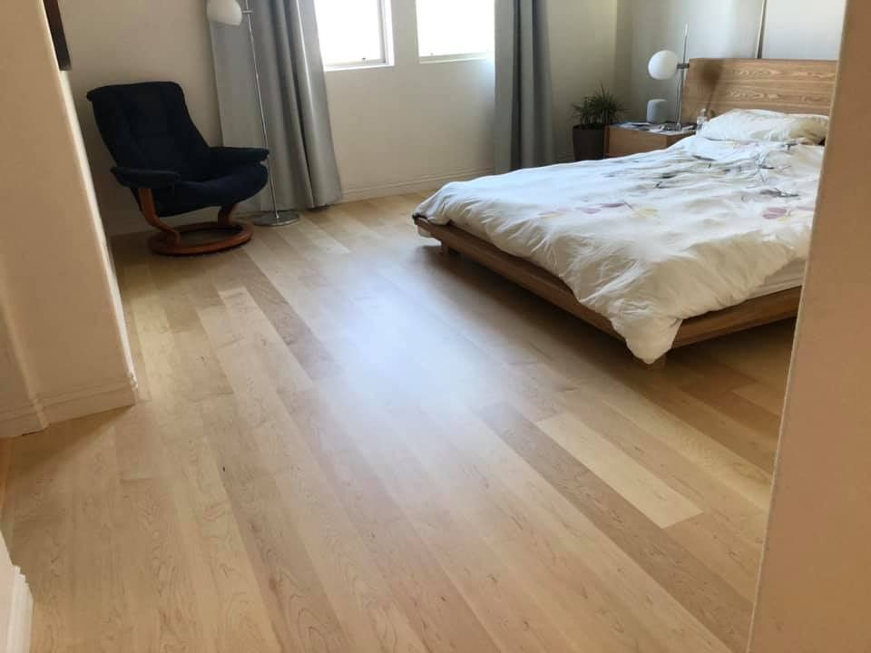 Example of a large trendy master light wood floor and multicolored floor bedroom design in San Diego with white walls