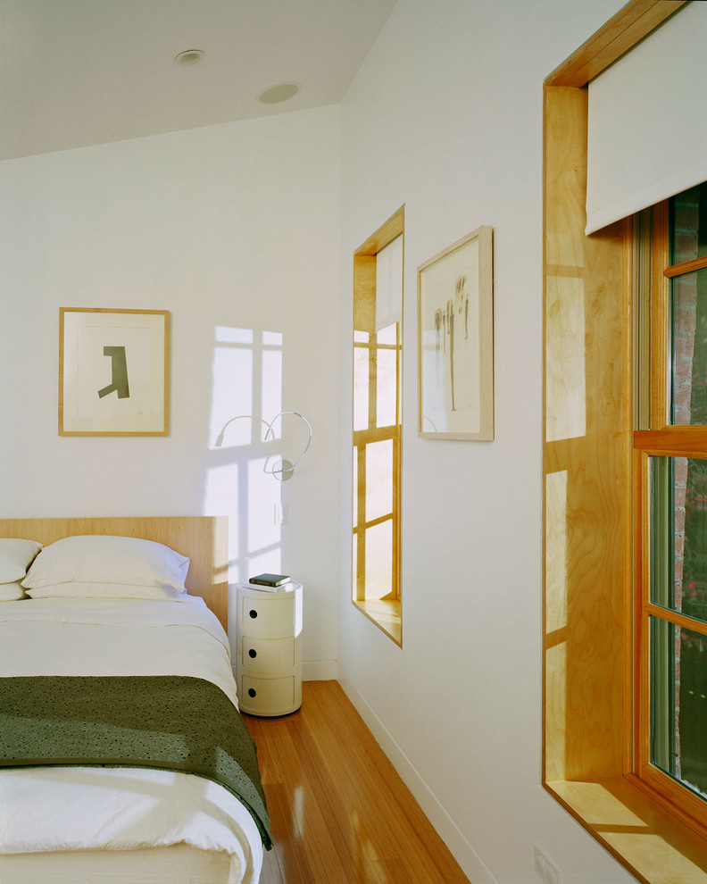 Ejemplo de dormitorio blanco y madera moderno con paredes blancas y suelo de madera en tonos medios