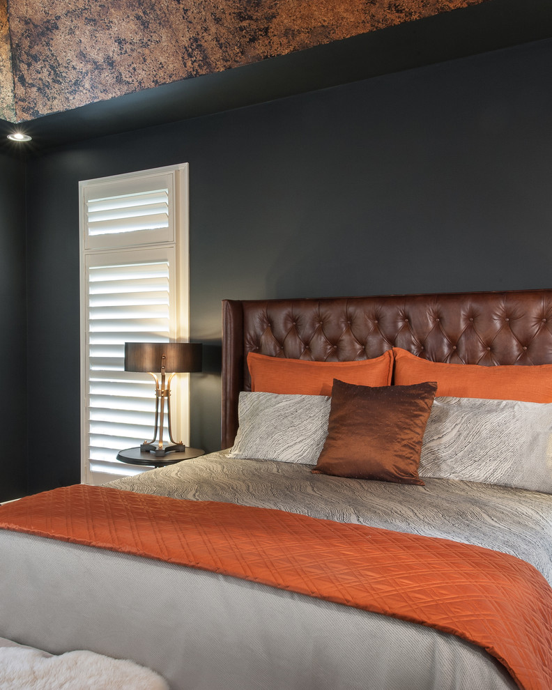 Foto de dormitorio principal rústico con paredes negras y suelo de madera en tonos medios
