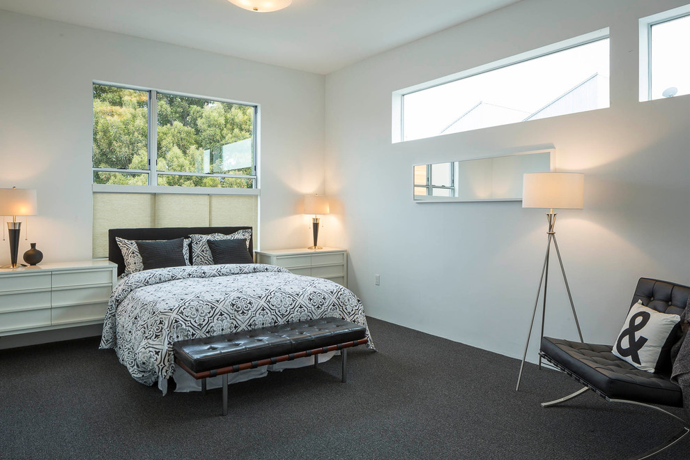 Modernes Schlafzimmer mit weißer Wandfarbe und Teppichboden in San Francisco