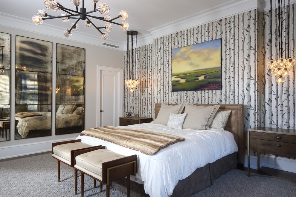 Contemporary bedroom in Boston with beige walls and carpet.