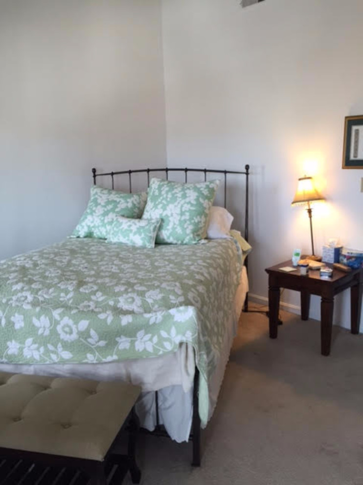 Kleines Hauptschlafzimmer ohne Kamin mit weißer Wandfarbe und Teppichboden in Boston