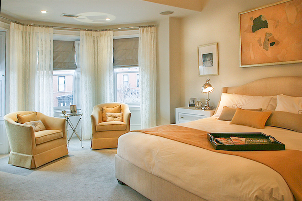 Large elegant master carpeted and beige floor bedroom photo in Boston with beige walls and no fireplace