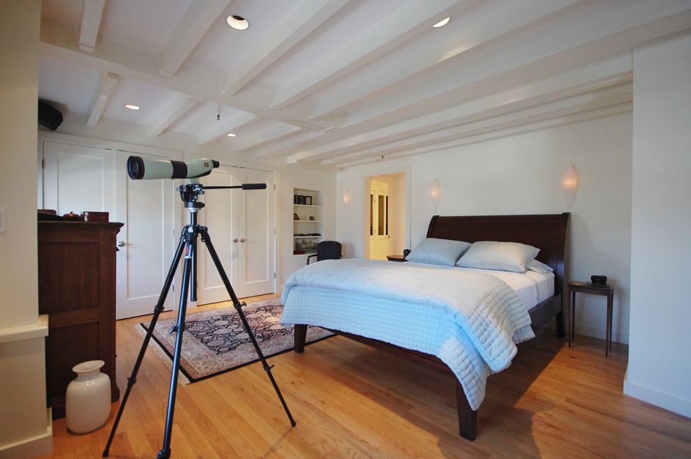 Medium sized traditional master bedroom in Boston with white walls, light hardwood flooring and beige floors.