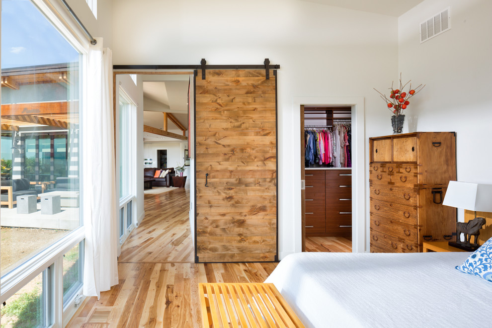 Источник вдохновения для домашнего уюта: хозяйская спальня среднего размера в современном стиле с белыми стенами и паркетным полом среднего тона