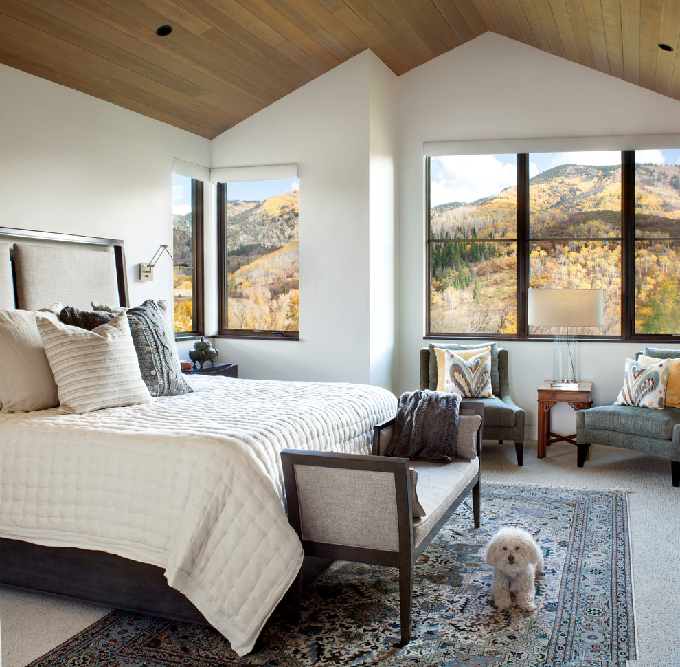 Mittelgroßes Klassisches Hauptschlafzimmer mit Kamin, Kaminumrandung aus Backstein, weißer Wandfarbe, Teppichboden und grauem Boden in Denver