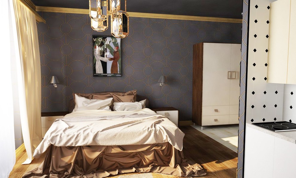 Diseño de habitación de invitados bohemia pequeña con paredes azules y suelo de baldosas de cerámica