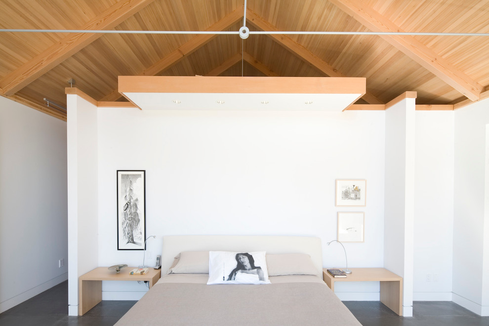 Идея дизайна: спальня в стиле модернизм с бетонным полом