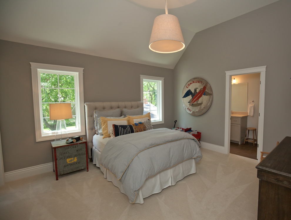 Medium sized contemporary guest bedroom in Chicago with grey walls, carpet and no fireplace.
