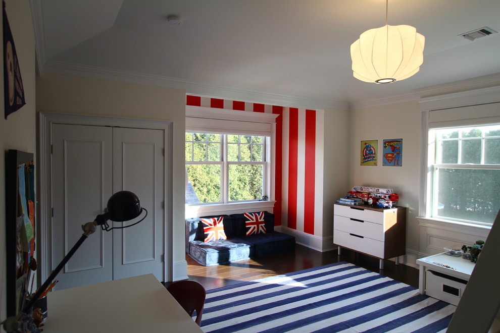 Imagen de dormitorio ecléctico con paredes blancas y con escritorio