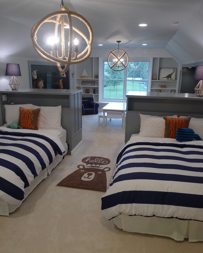 Example of a large transitional loft-style carpeted bedroom design in Indianapolis with blue walls