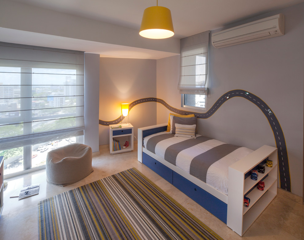 Ejemplo de dormitorio contemporáneo de tamaño medio sin chimenea con paredes grises y suelo de mármol