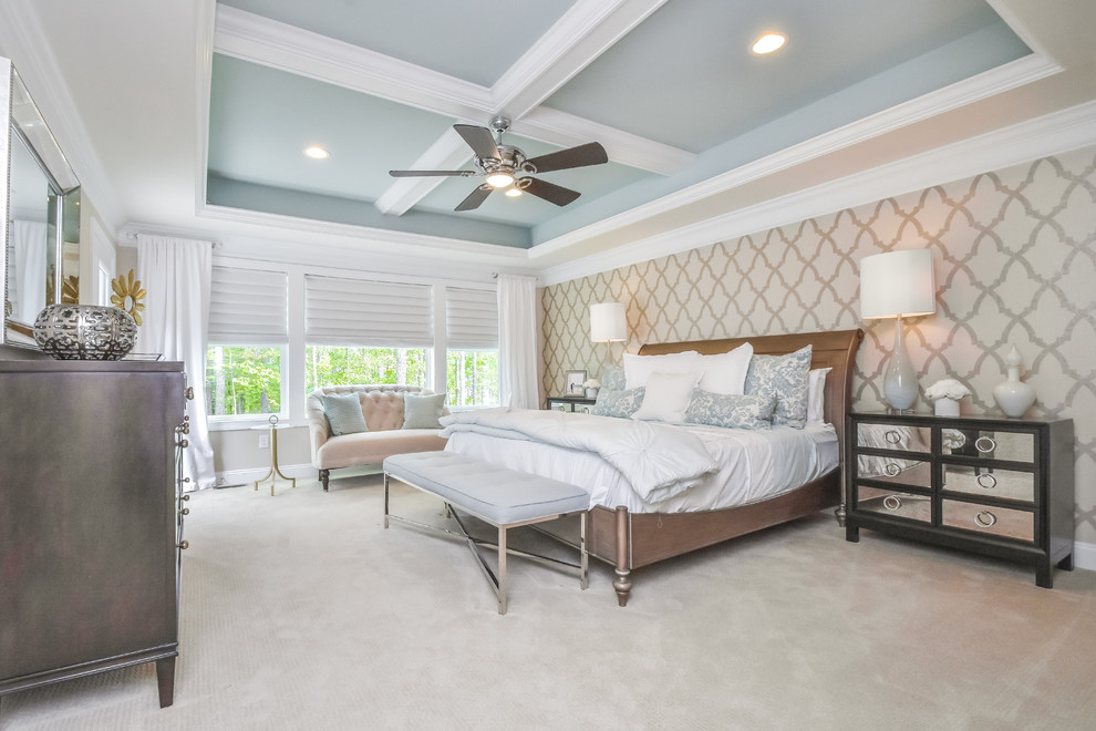 Design ideas for a classic master bedroom in Richmond with beige walls, carpet, beige floors and a feature wall.