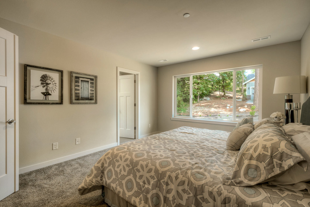 Inspiration for a large contemporary master bedroom in Seattle with white walls, carpet and no fireplace.