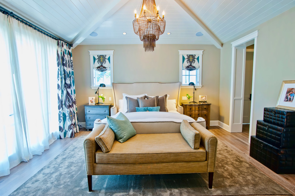 Aménagement d'une chambre classique avec un mur beige et un sol en bois brun.