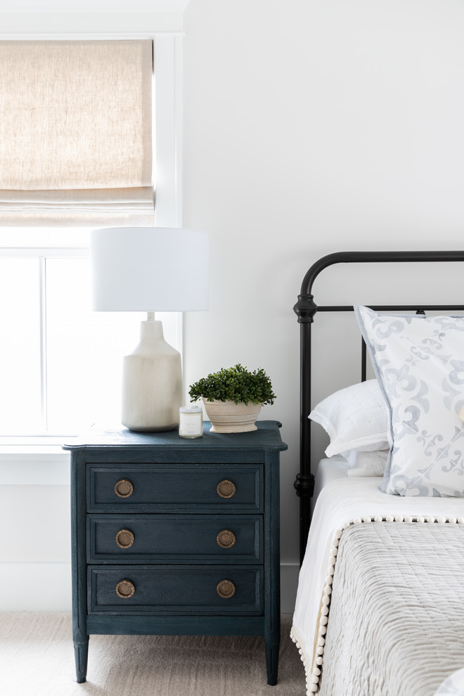 Large farmhouse guest carpeted and beige floor bedroom photo in Chicago with gray walls and no fireplace