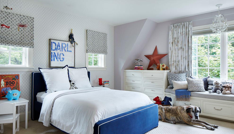Example of a transitional carpeted bedroom design in Minneapolis with purple walls