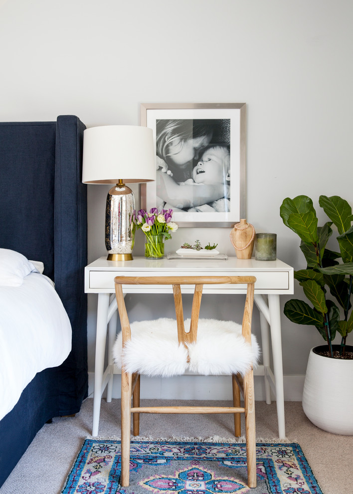 Inspiration for a mid-sized transitional master carpeted and beige floor bedroom remodel in Sacramento with gray walls
