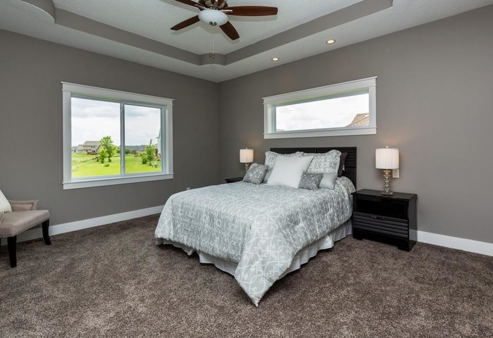 Inspiration for a mid-sized transitional master carpeted bedroom remodel in Other with gray walls and no fireplace