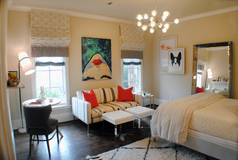 Inspiration for a mid-sized contemporary medium tone wood floor bedroom remodel in Dallas with beige walls