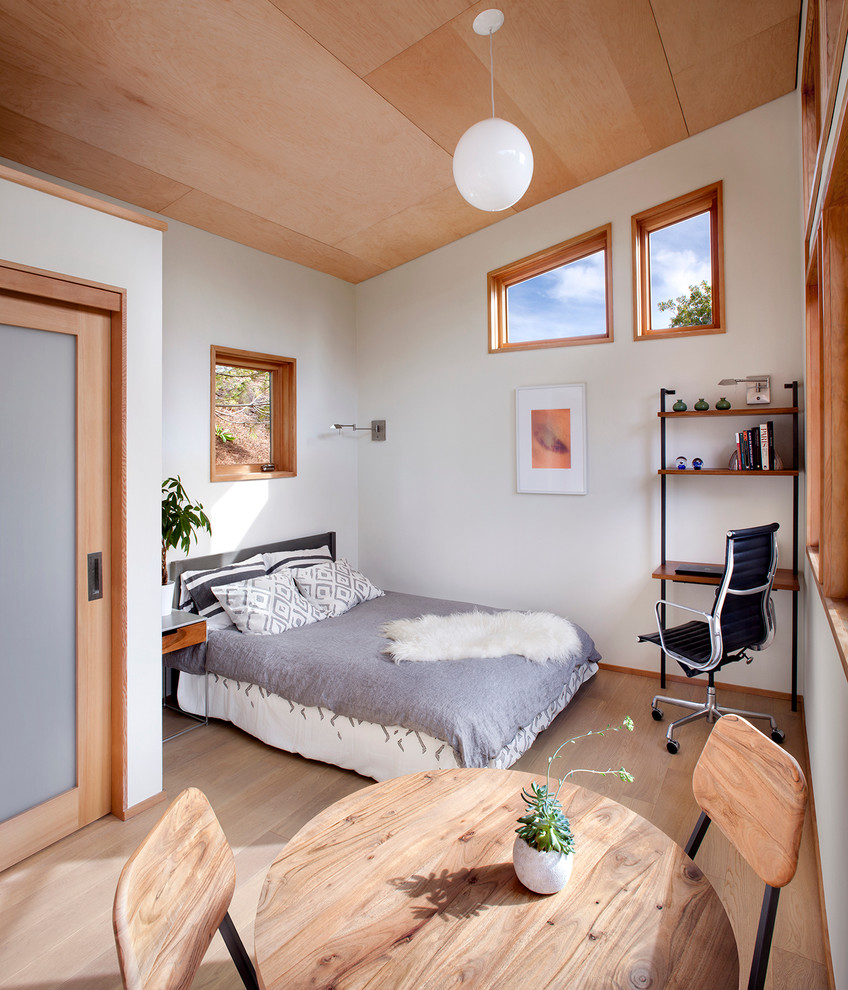 Bild på ett funkis sovrum, med vita väggar och mellanmörkt trägolv