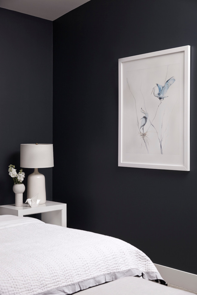 Пример оригинального дизайна: гостевая спальня (комната для гостей) в современном стиле с синими стенами