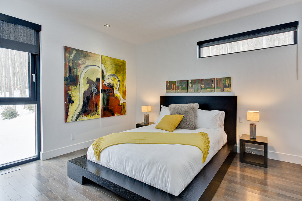 Foto di una camera da letto contemporanea con pareti bianche e pavimento in legno massello medio