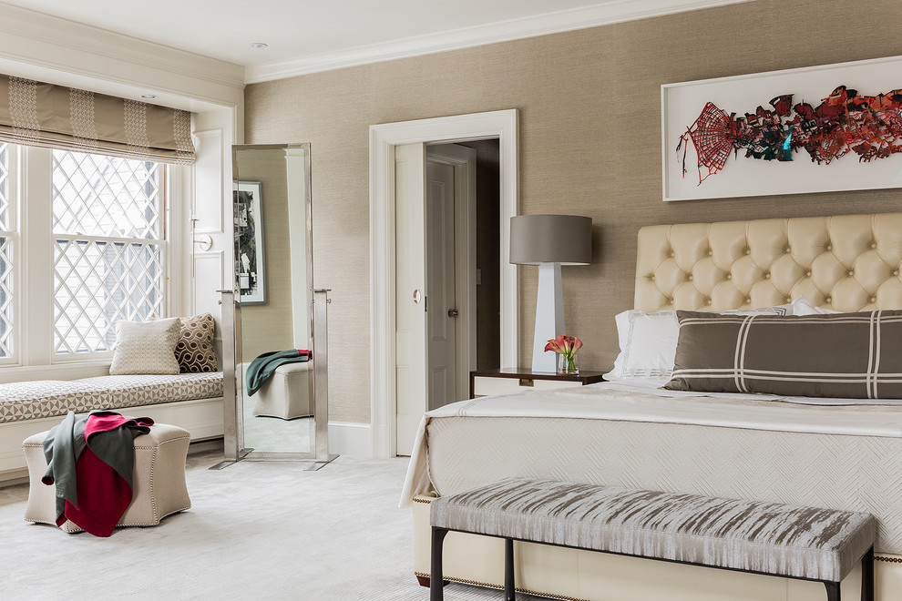 Inspiration for a large transitional master carpeted bedroom remodel in Boston with brown walls