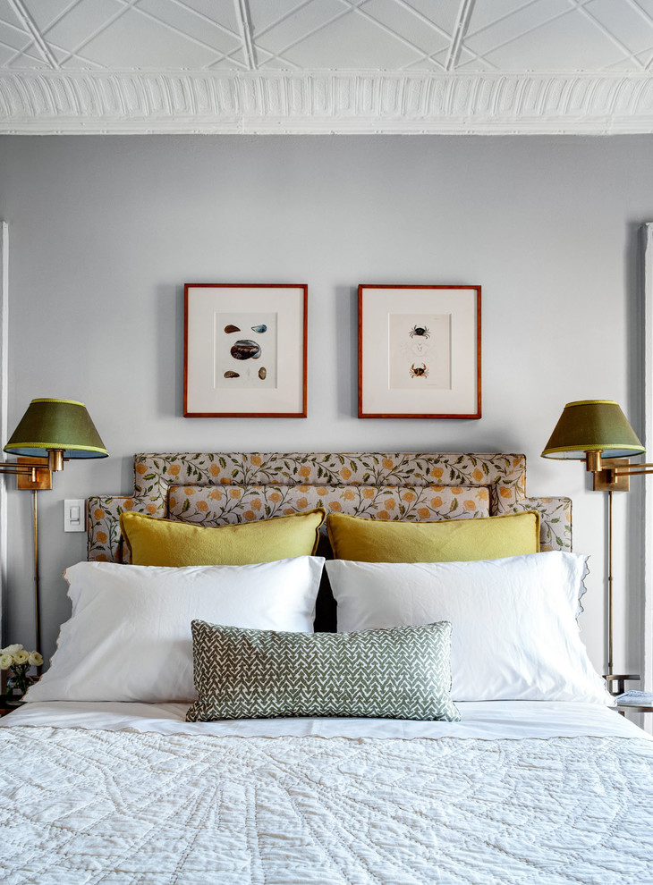 Inspiration for a timeless bedroom remodel in New York with gray walls