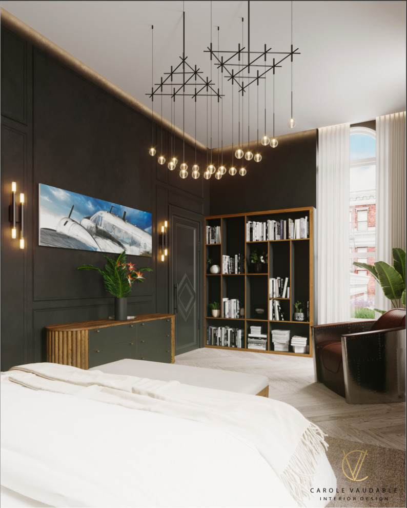 На фото: хозяйская спальня среднего размера в современном стиле с черными стенами, светлым паркетным полом, стандартным камином, фасадом камина из камня, серым полом, кессонным потолком и панелями на части стены