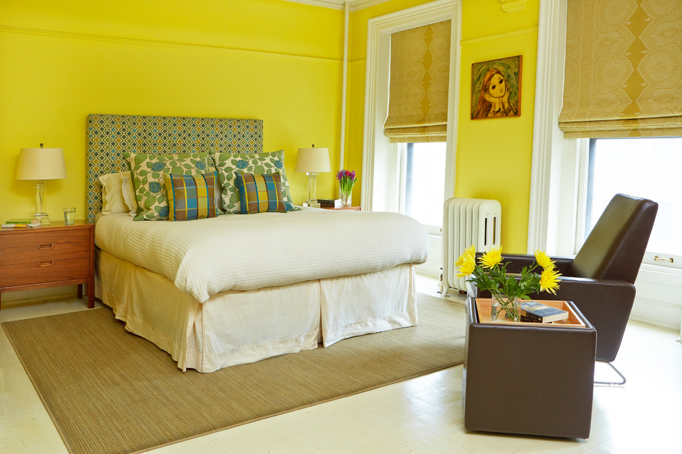 Large transitional master bedroom photo in New York with yellow walls and no fireplace
