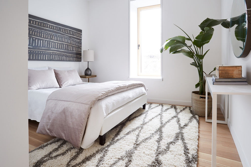 Mittelgroßes Skandinavisches Gästezimmer mit weißer Wandfarbe, hellem Holzboden und weißem Boden in New York