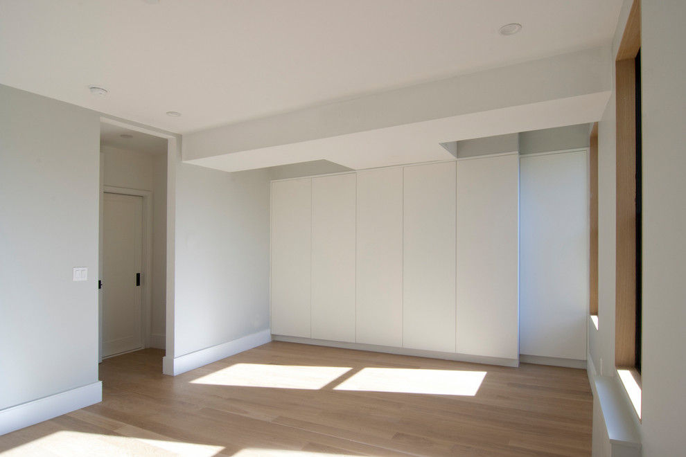 Diseño de dormitorio principal actual de tamaño medio con paredes grises, suelo de madera clara y suelo marrón