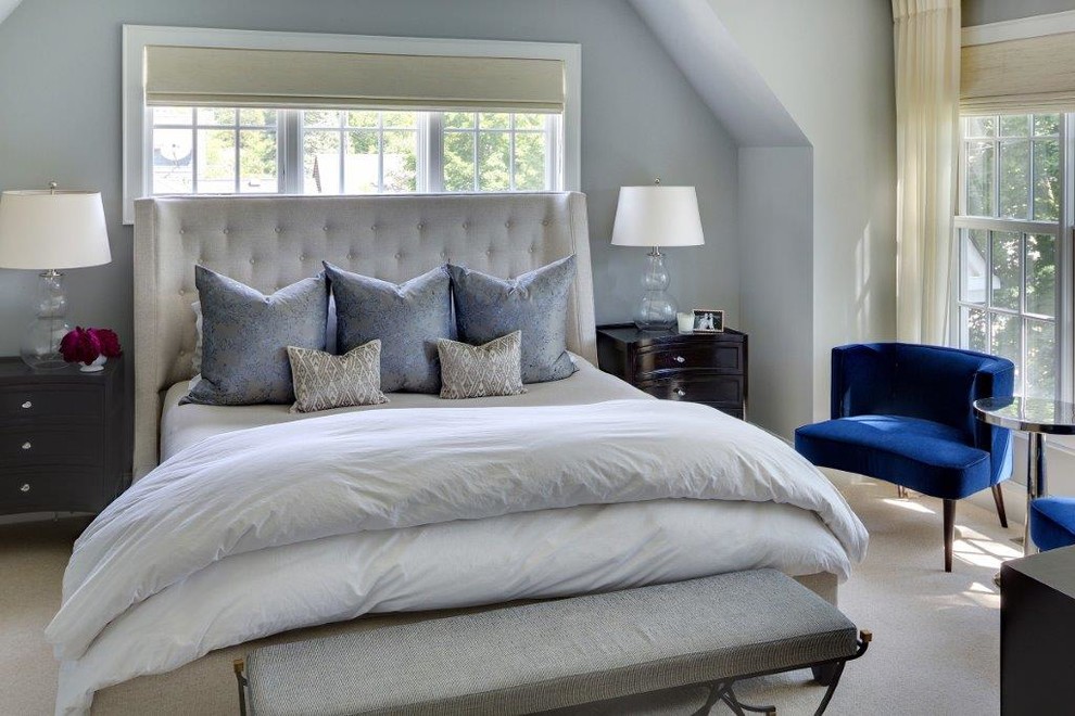 Inspiration for a timeless master carpeted bedroom remodel in Minneapolis with gray walls