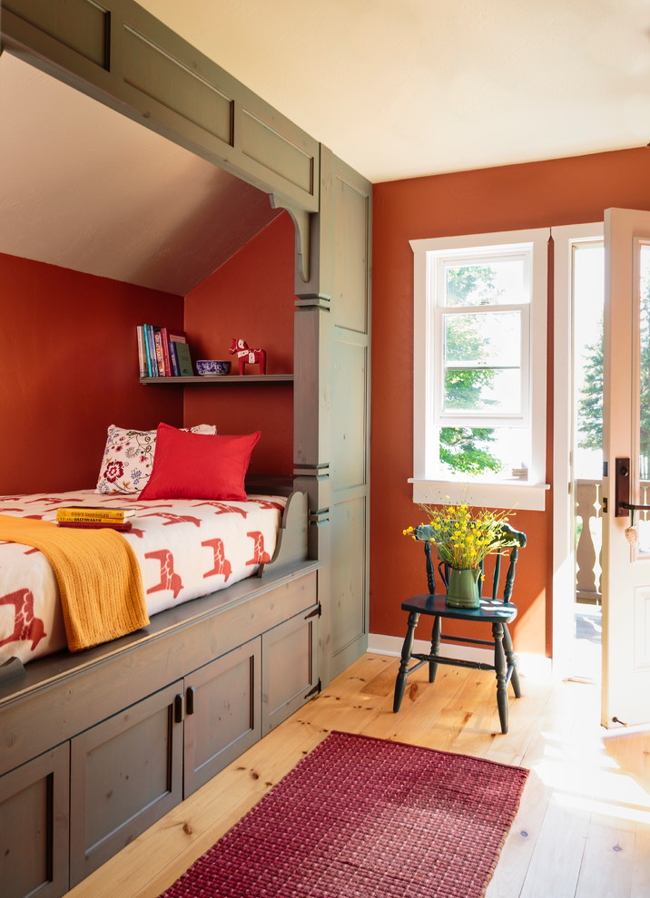 Medium sized country guest bedroom in Milwaukee with red walls, light hardwood flooring, no fireplace and brown floors.