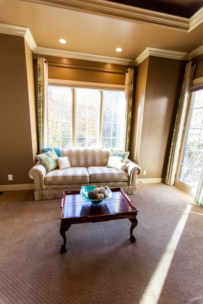 Large transitional master carpeted and beige floor bedroom photo in Kansas City with gray walls and no fireplace