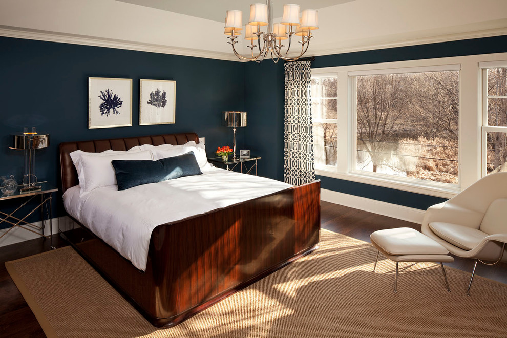 ミネアポリスにあるトランジショナルスタイルのおしゃれな寝室 (青い壁、照明、グレーとクリーム色)