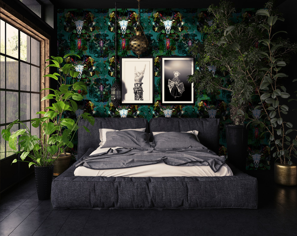 Idee per una camera matrimoniale minimalista di medie dimensioni con pareti verdi, parquet scuro e pavimento nero