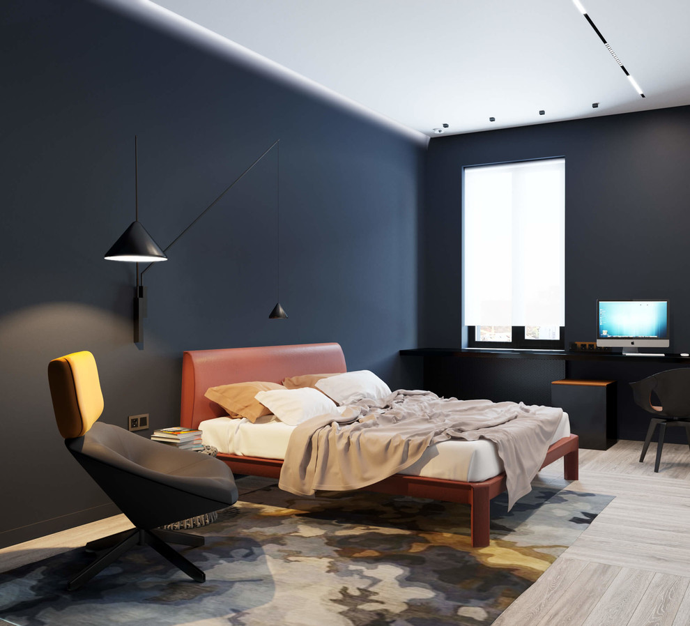 Ejemplo de dormitorio principal moderno sin chimenea con paredes negras, suelo de madera clara y suelo gris