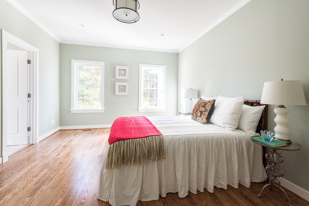 Bedroom - mid-sized country master medium tone wood floor bedroom idea in Richmond with green walls and no fireplace