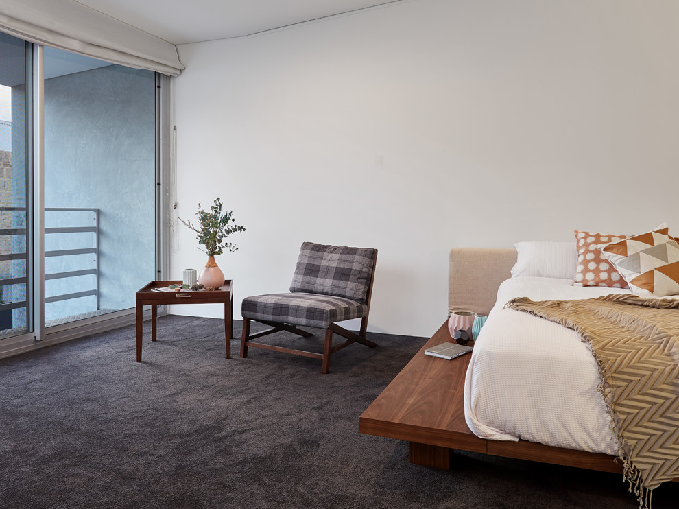 Cette image montre une chambre avec moquette urbaine de taille moyenne avec un mur blanc, aucune cheminée et un sol gris.