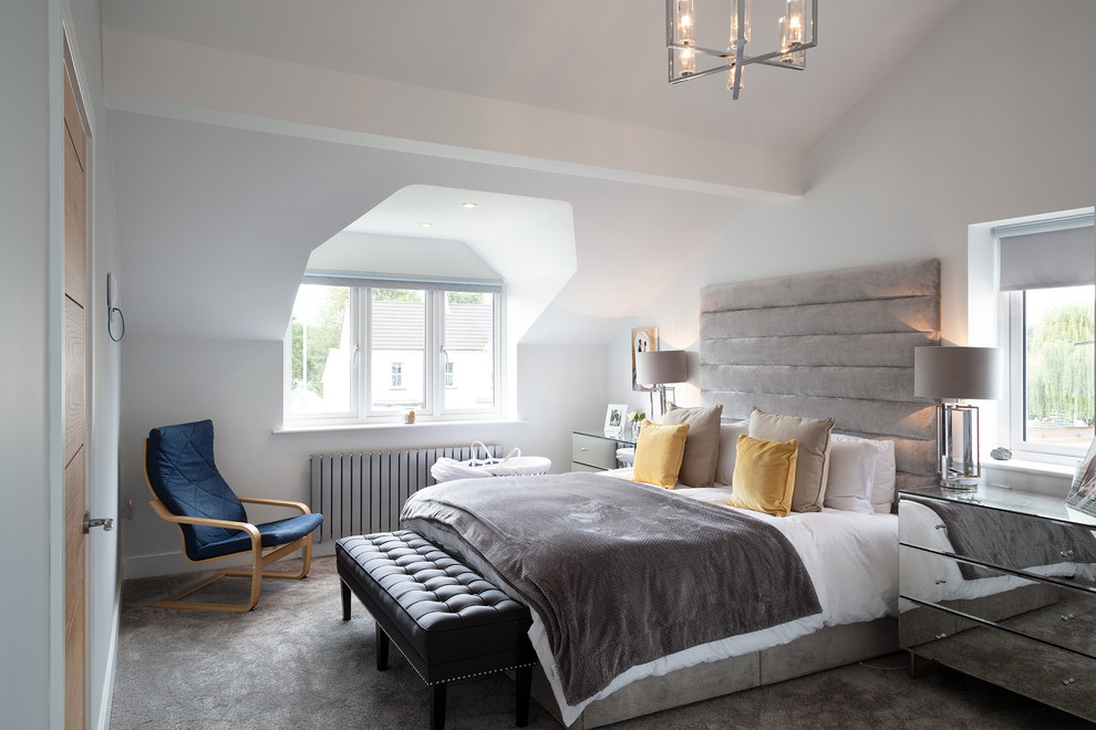 Inspiration for a medium sized contemporary master bedroom in Berkshire with grey walls, carpet and grey floors.