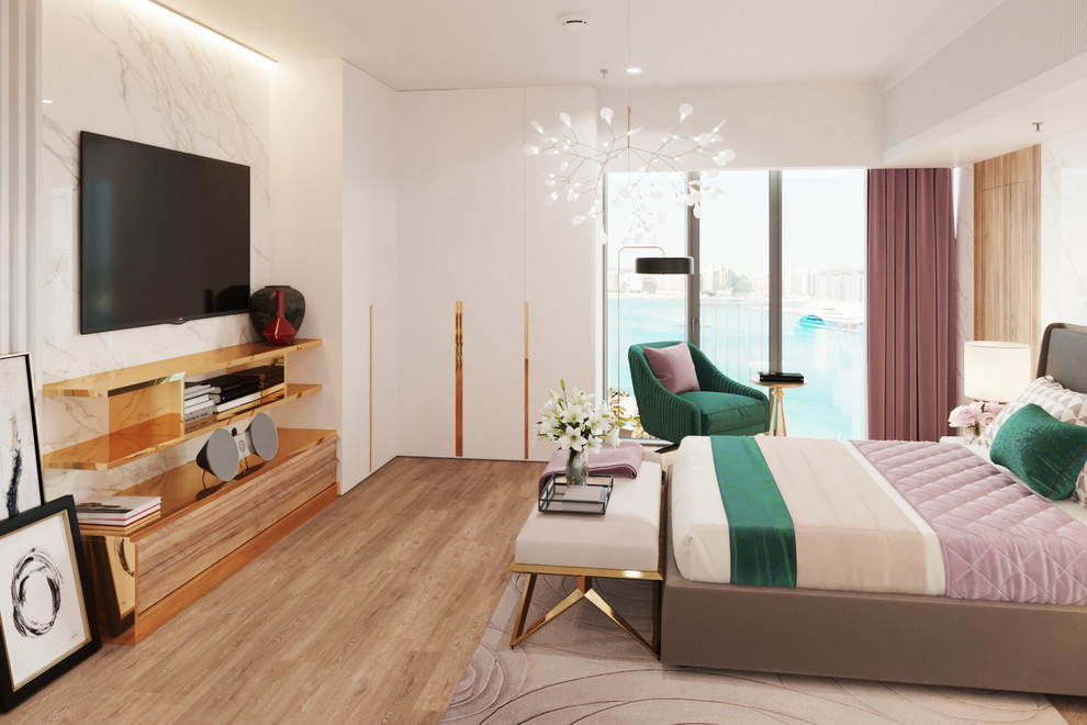 Foto de dormitorio actual de tamaño medio sin chimenea con paredes blancas, suelo de madera en tonos medios y suelo amarillo
