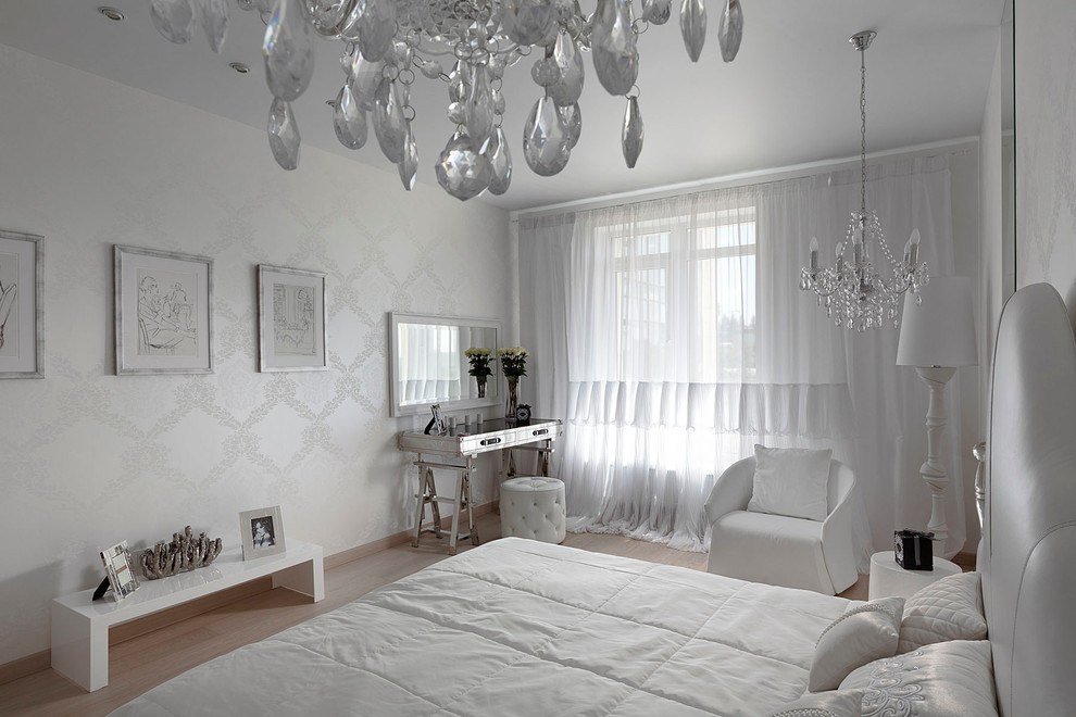 Inspiration for a contemporary bedroom in Other with white walls, light hardwood flooring and no fireplace.