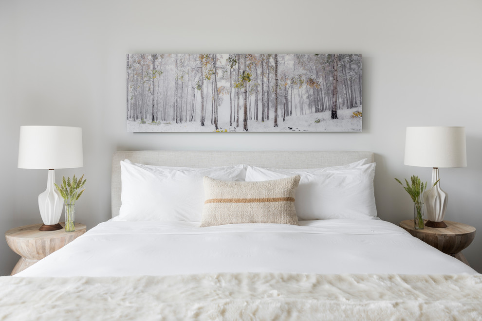 Источник вдохновения для домашнего уюта: гостевая спальня (комната для гостей) в стиле модернизм с белыми стенами, ковровым покрытием и коричневым полом