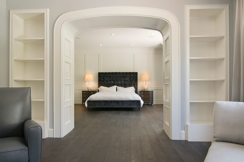 Bedroom - transitional master dark wood floor bedroom idea in Los Angeles with white walls